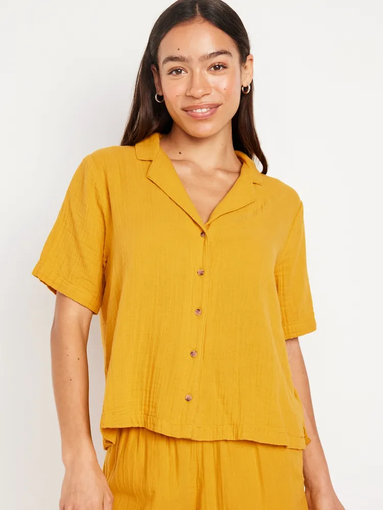 Crinkle Gauze Button-Down Top