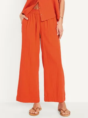 High-Waisted Crinkle Gauze Pull-On Ankle Pants