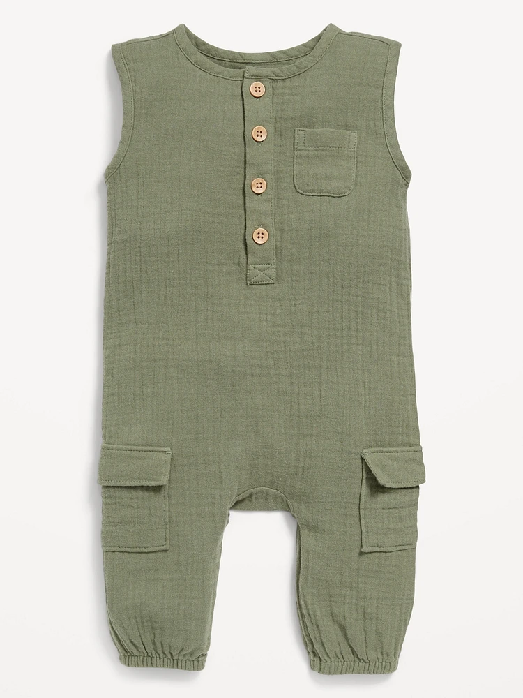 Sleeveless Henley Pocket One-Piece Jumpsuit for Baby