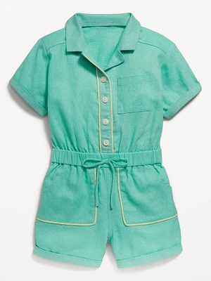 Short-Sleeve Linen-Blend Utility Pocket Romper for Toddler Girls