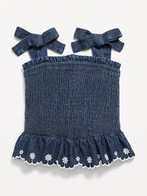 Sleeveless Bow-Tie Smocked Jean Top for Toddler Girls