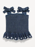 Sleeveless Bow-Tie Smocked Jean Top for Toddler Girls