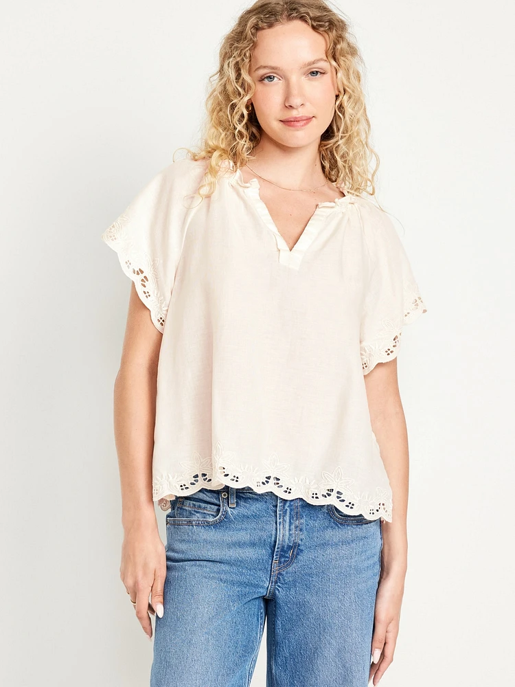 Split-Neck Eyelet Top