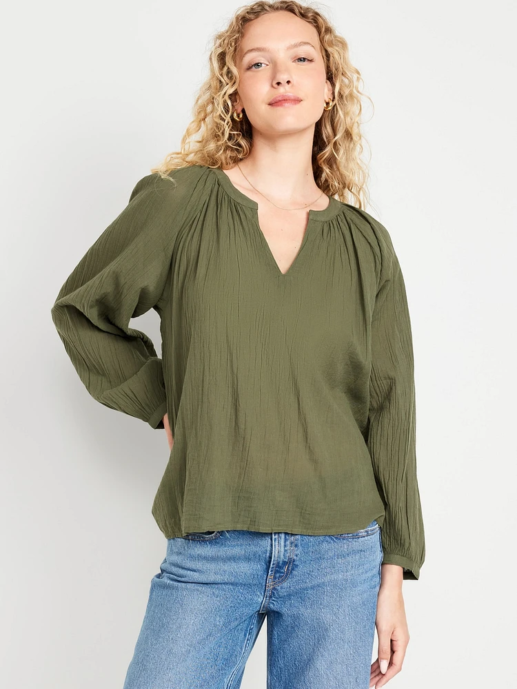 Split-Neck Crinkle Gauze Top