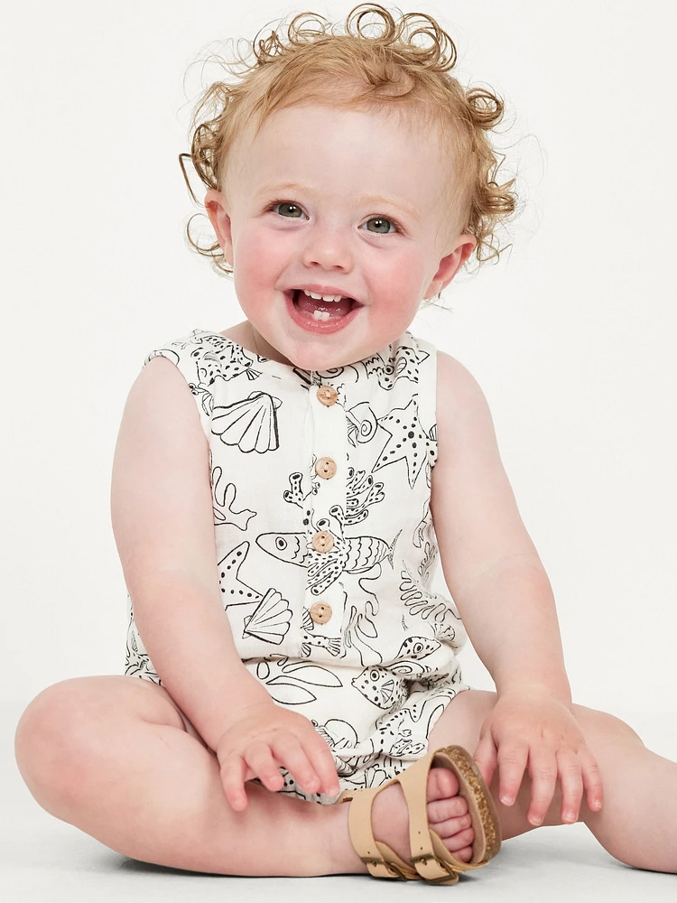 Unisex Printed Sleeveless Henley Romper for Baby