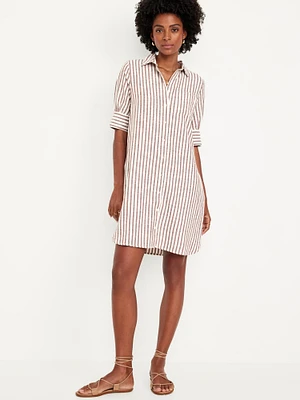 Puff-leeve Linen-Blend hirt Dress