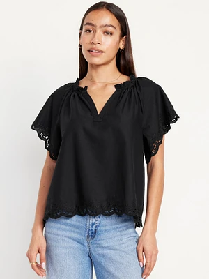 Embroidered plit-Neck Top