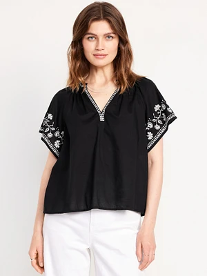 Embroidered plit-Neck Top