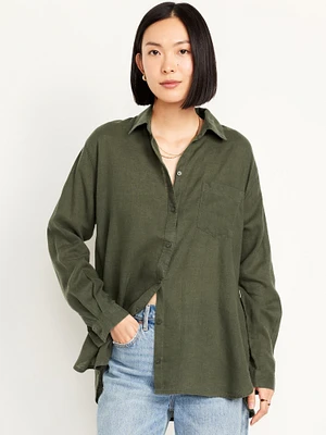 Linen-Blend Button-Down Boyfriend Shirt