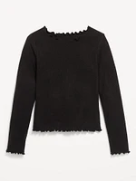 Long-Sleeve Plush Ribbed Lettuce-Edge Top for Girls