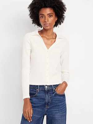 Slim Ribbed Button-Down Top