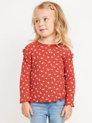 Printed Long-Sleeve Ruffle Pointelle Top for Toddler Girls