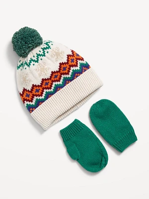 Fair Isle Pom Pom Beanie and Mittens et for Toddler Boys