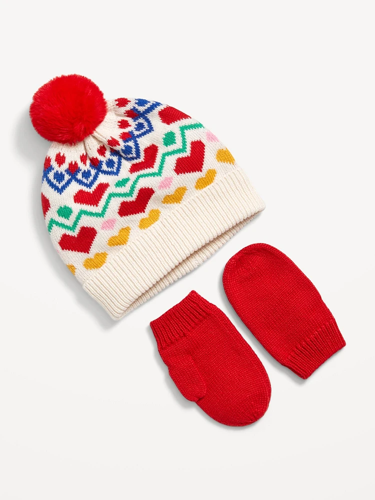 Pom-Pom Beanie and Mittens et for Toddler Girls