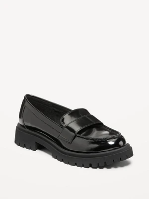 Faux-Leather Chunky Heel Loafers