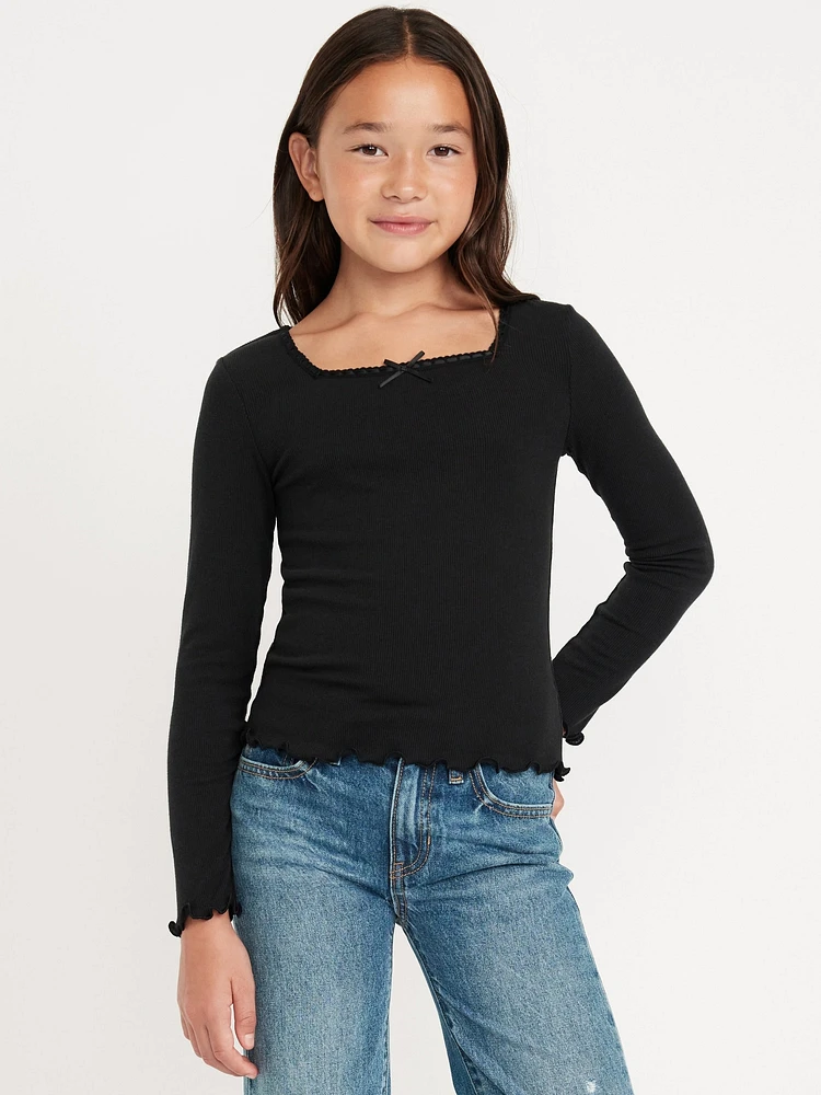 Long-Sleeve Square-Neck Ribbon-Bow Top for Girls