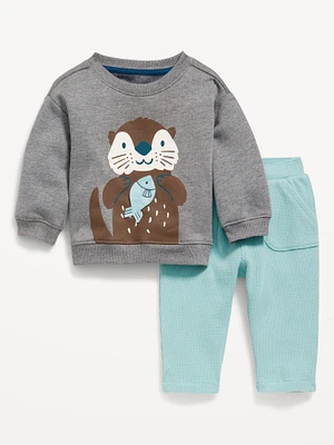 Graphic Fleece Crew-Neck and Waffle-Knit Pants Set for Baby