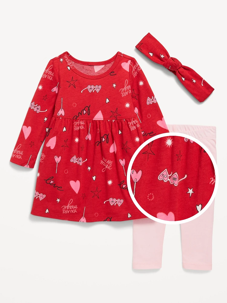 Printed Long-Sleeve Dress, Leggings, and Headband Set for Baby