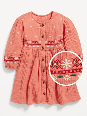 Double-Weave Embroidered Shirt Dress for Toddler Girls