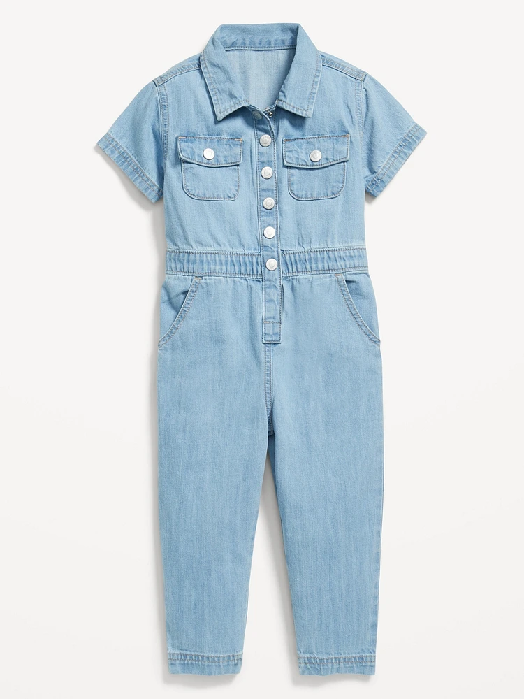 Short-Sleeve Utility Pocket Jean Jumpsuit for Toddler Girls