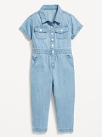 Short-Sleeve Utility Pocket Jean Jumpsuit for Toddler Girls