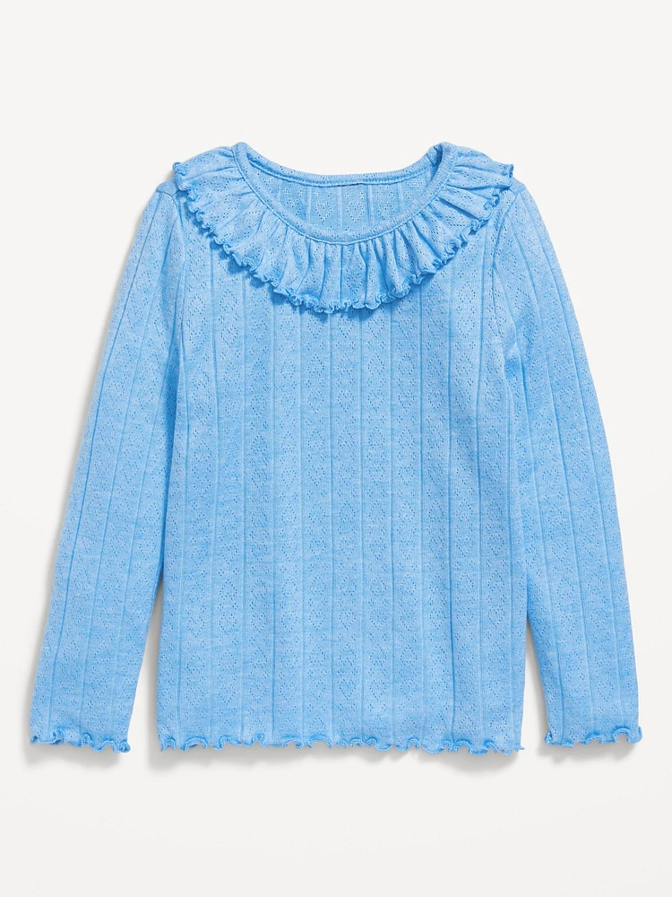 Long-Sleeve Ruffle-Trim Pointelle-Knit Top for Toddler Girls