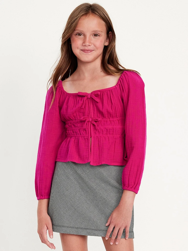 Long-Sleeve Double-Weave Bow Top for Girls