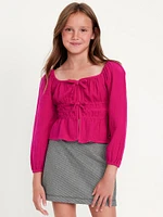 Long-Sleeve Double-Weave Bow Top for Girls