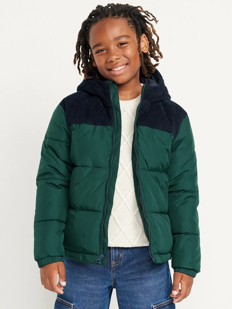 Hooded Corduroy-Trim Puffer Jacket for Boys