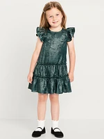 Shiny Flutter-Sleeve Tiered Dress for Toddler Girls