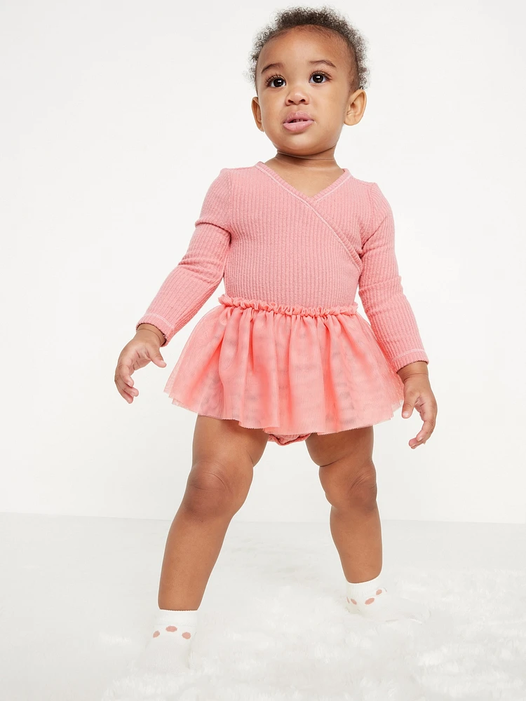 Long-Sleeve Wrap-Front Ribbed Bodysuit Tutu Dress for Baby