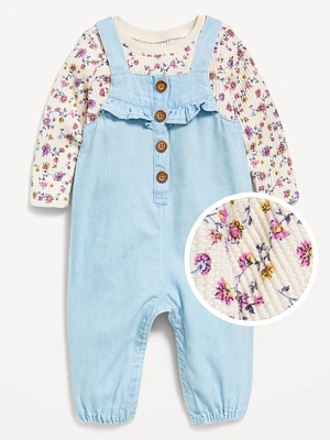 Long-Sleeve Cozy-Knit T-Shirt and Chambray Overalls Set for Baby