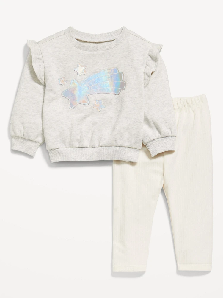 Ruffle-Trim Graphic Sweatshirt and Corduroy Leggings Set for Baby