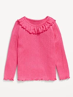 Long-Sleeve Ruffle-Trim Pointelle-Knit Top for Toddler Girls