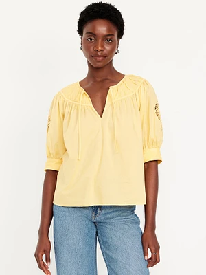 Split-Neck Eyelet-Sleeve Top