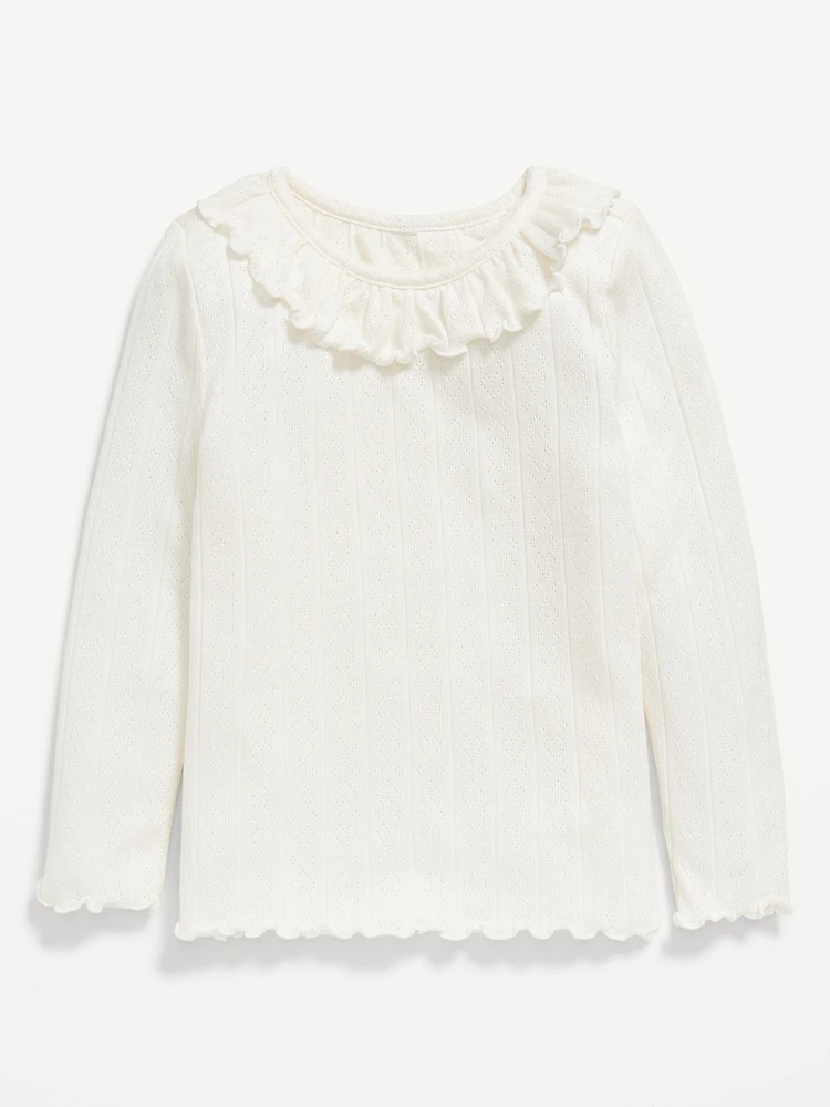 Long-Sleeve Ruffle-Trim Pointelle-Knit Top for Toddler Girls