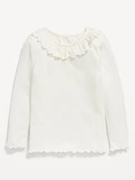 Long-Sleeve Ruffle-Trim Pointelle-Knit Top for Toddler Girls