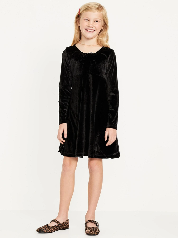 Long-Sleeve Tie-Neck Velvet Swing Dress for Girls