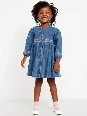 Long-Sleeve Button-Front Embroidered Jean Dress for Toddler Girls