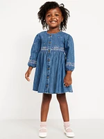 Long-Sleeve Button-Front Embroidered Jean Dress for Toddler Girls