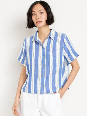 Crinkle Gauze Button-Down Striped Shirt