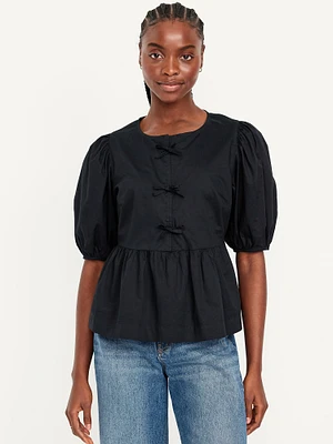 Puff-Sleeve Tie-Front Top