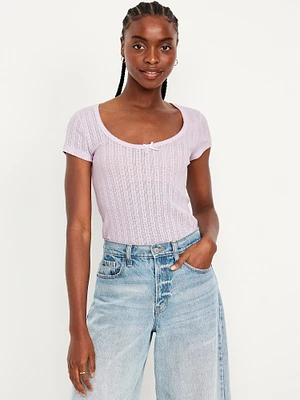 Lace-Trim Ribbed Pointelle T-Shirt