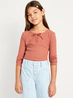 Fitted Long-Sleeve Ribbed Lace-Up Top for Girls