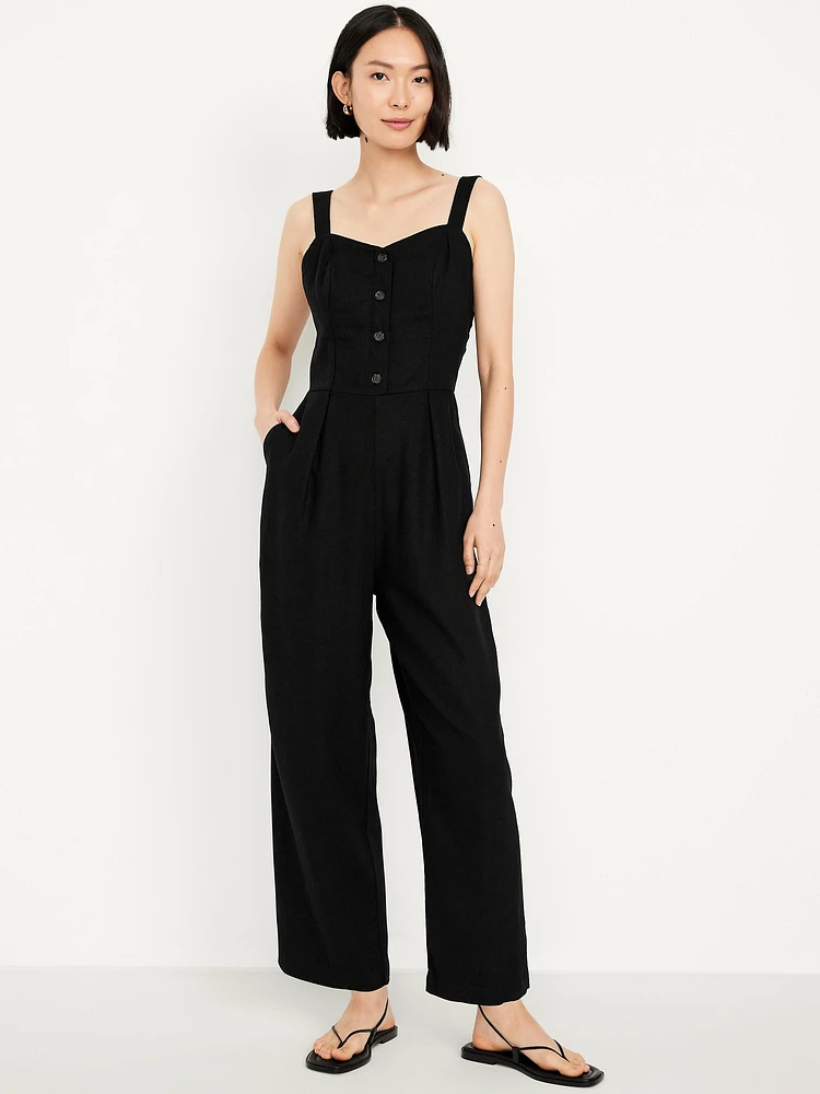 Button-Front Linen-Blend Cami Jumpsuit