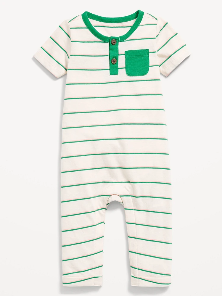 Short-Sleeve Jersey-Knit Henley One-Piece for Baby