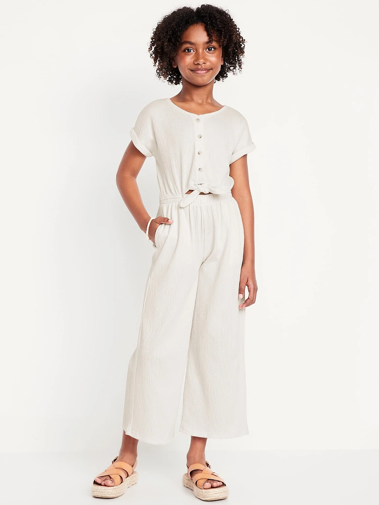 Short-Sleeve Button-Front Tie-Knot Jumpsuit for Girls