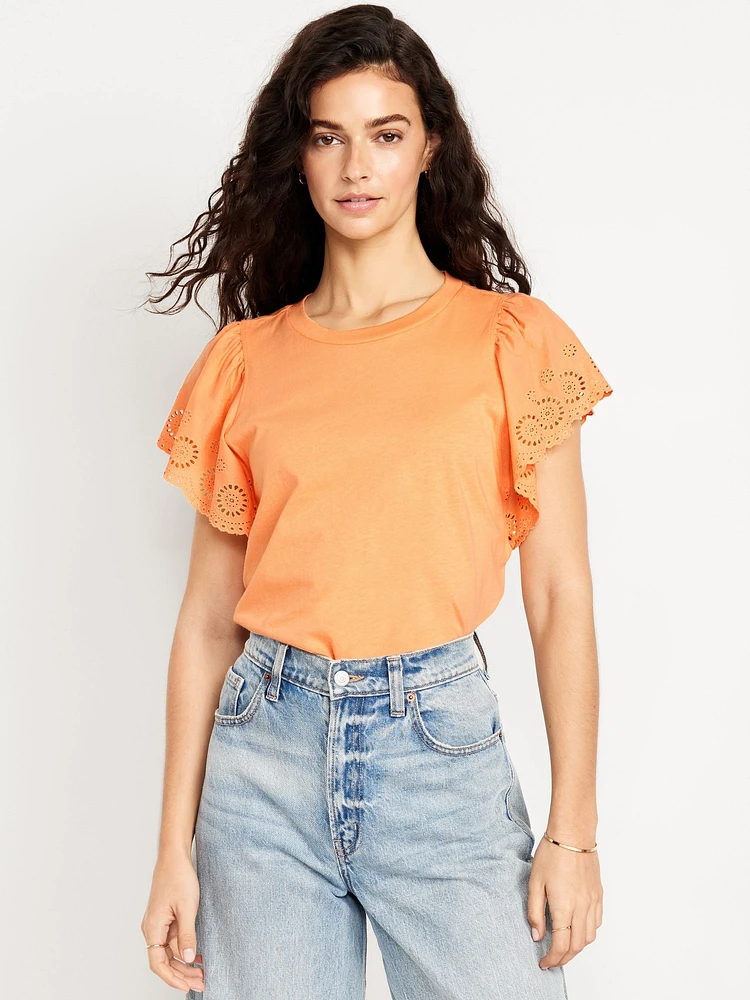 Cutwork-Sleeve Mixed Fabric Top