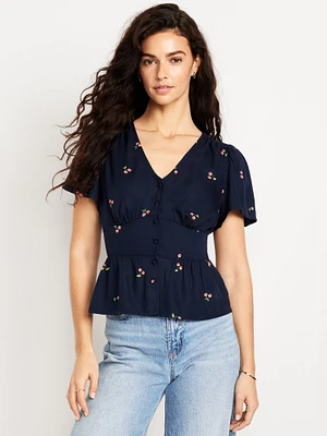 V-Neck Button-Down Crepe Top