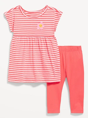 Printed Short-Sleeve Dress and Leggings Set for Baby